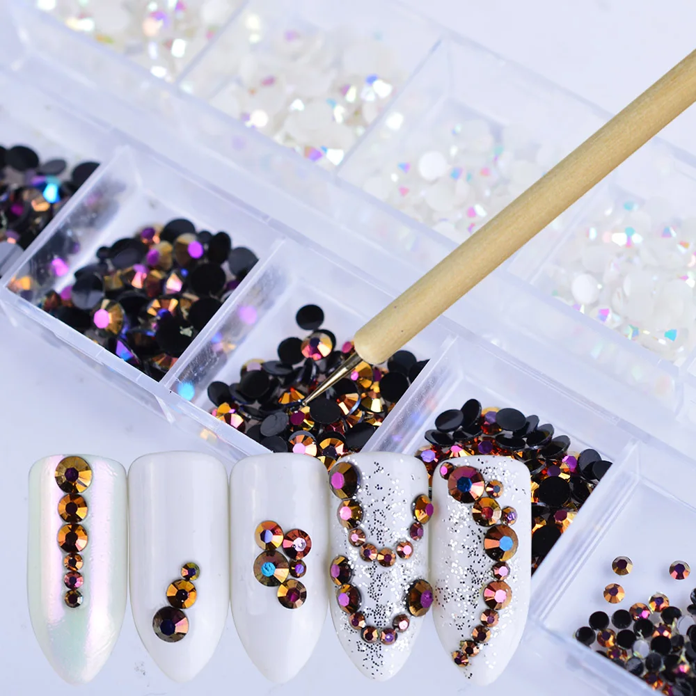

1Set White AB Colors Jelly 3d Flame Nail Decoration with Dotting Pen Mixed DIY Rhinestones for Nails UV Gel Manicure Tools BE002