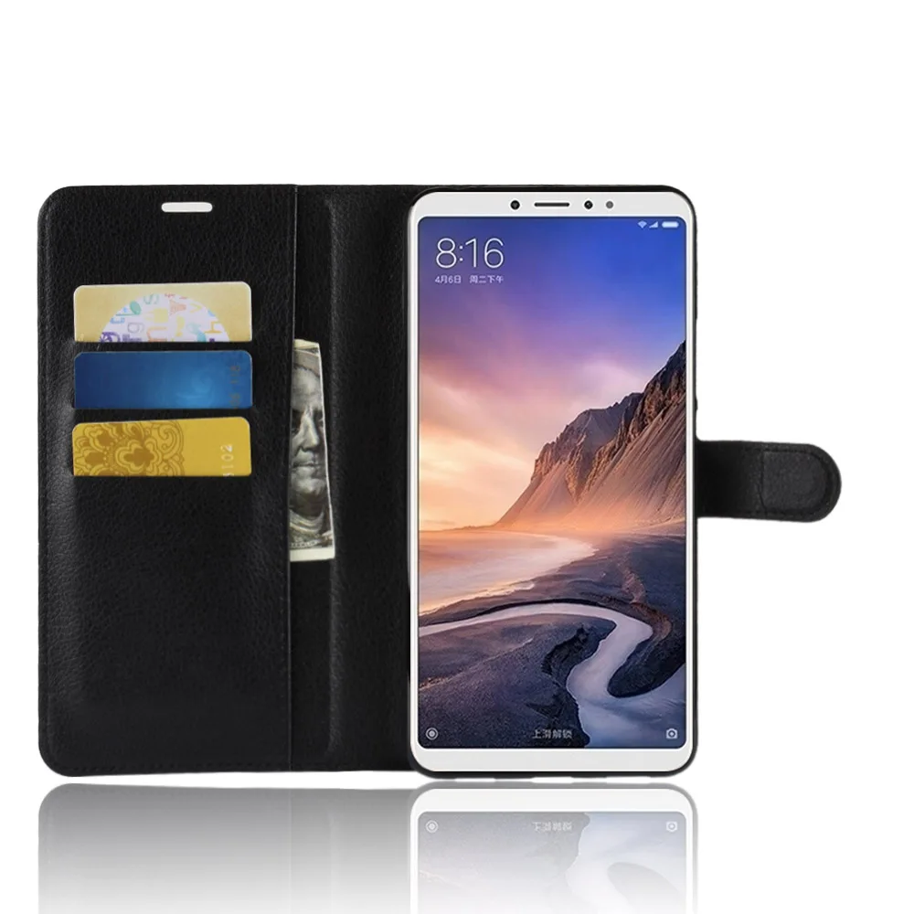 MAX-3 Case for Xiaomi MAX 3 Lichee Pattern Wallet Card Stent Cases Flip Leather Protect Cover black Covers Xiao Mi Max3 | Мобильные