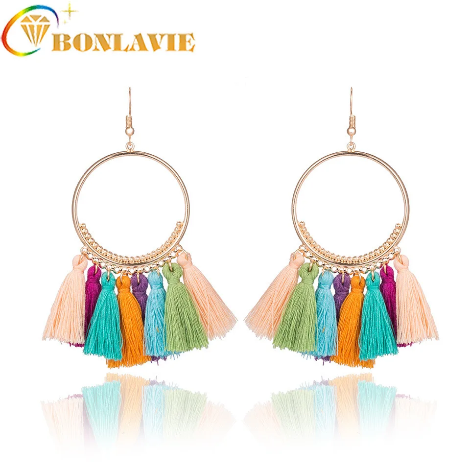 New Pattern Wool Tassels Earrings Fabric Art Long Fund Circle Earrings