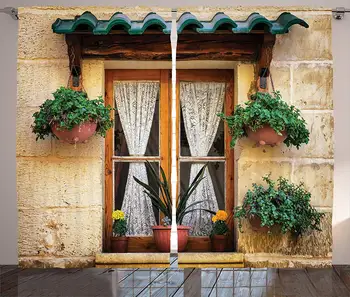 

Shutters Decor Curtains Basket of Flowers at Historic Building Window with Classic Lace Curtain Inside Image Living Room