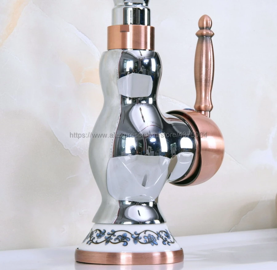 Deck Mounted Bathroom Basin Single Handle Faucet Polished Chrome And Red Copper Hot and Cold bathroom Sink Rotable Tap Nnf907