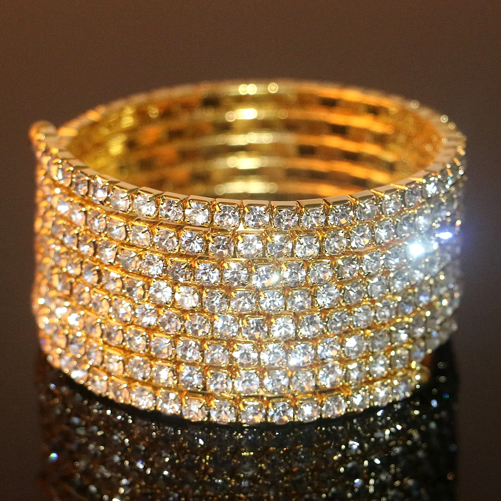 Gold Color 7 Rows Rhinestone Spiral Upper Arm Cuff Armlet Bracelet Sexy
