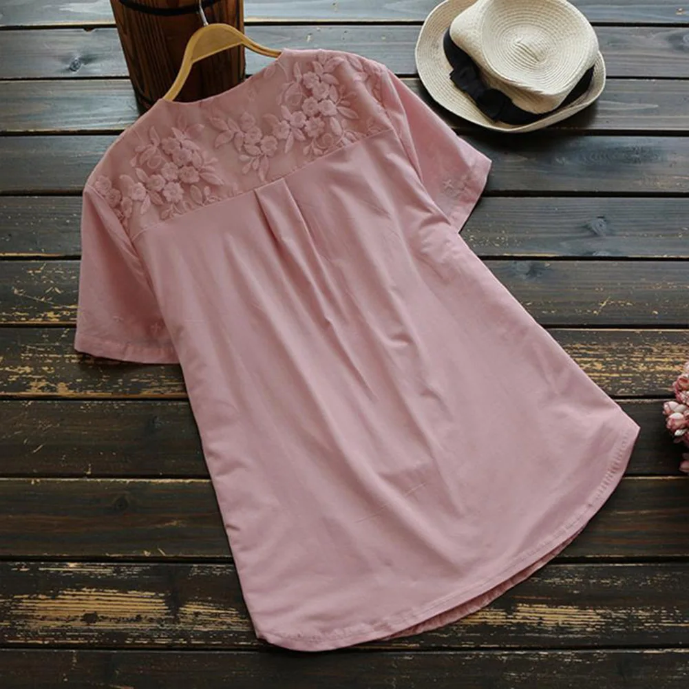  Woman 2019 New Women Short Sleeves Shirt Button Front Lace Embroidery Summer Tops Blusas Chemise Fe