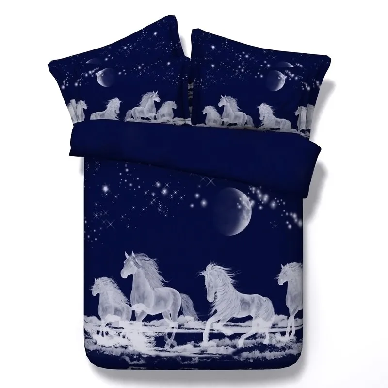 Luxury White Horses Digital Printing Dark Blue 4 Piece Duvet Cover Bed