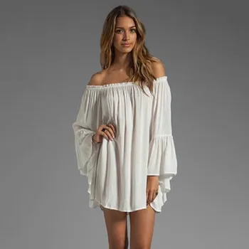 

Women's Sexy Boat Neck Fashion Long Chiffon Blouse Top Off Shoulder Shirt