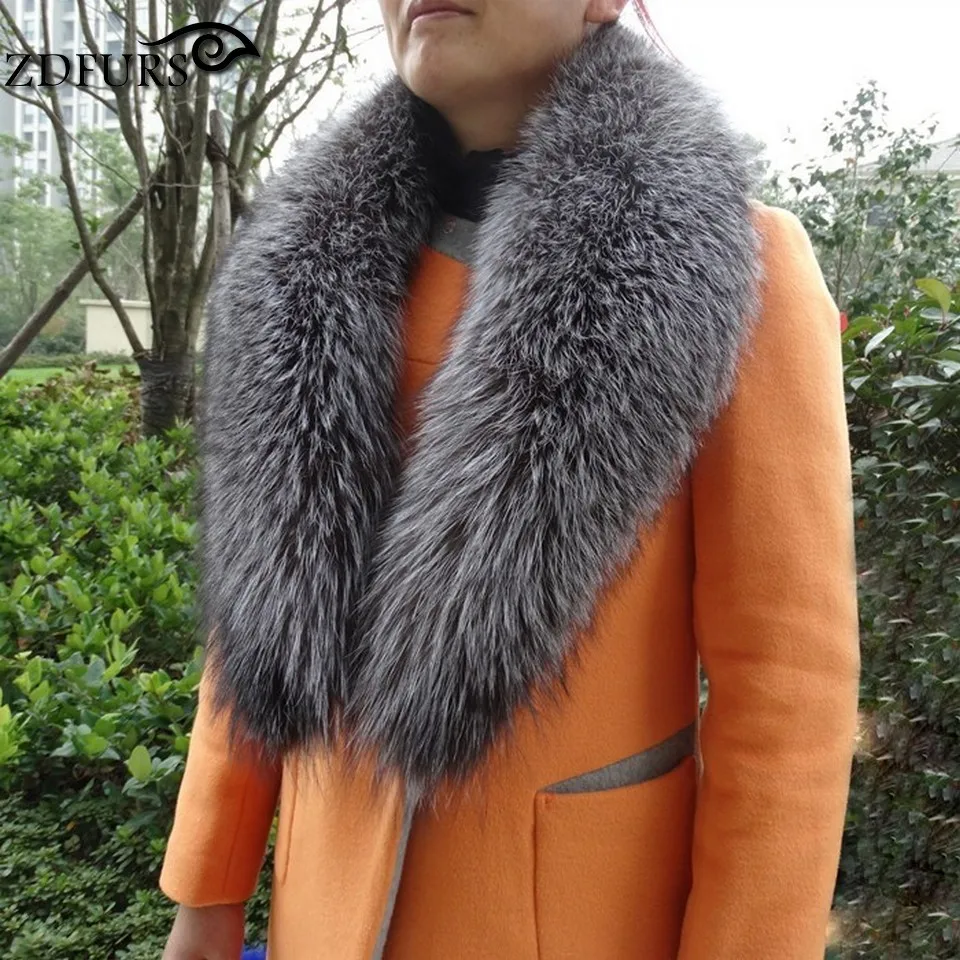 ZDFURS* натуральный цвет настоящий серебристый Лисий меховой воротник для женщин большой размер воротник шарф Одежда Аксессуары ZDC-163004