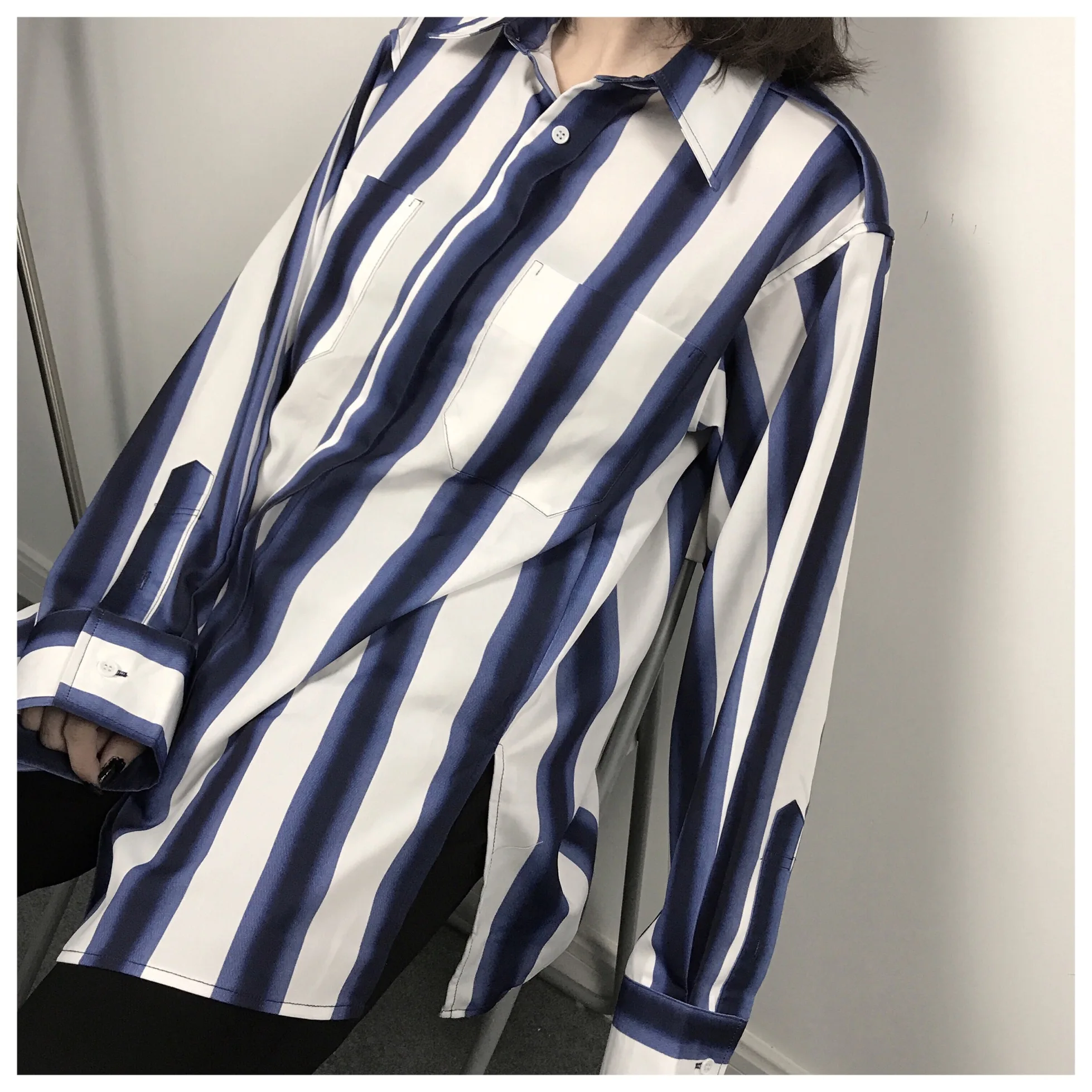 2018 Women Long Sleeve Button Tops Lady Casual Loose Shirt Formal Striped Blouse