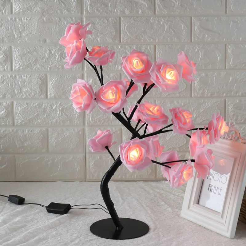 24LED белый розовый цветок розы прикроватный светильник для спальни ночник настольная лампа домашний декор имитация дерева Рождество Свадебная вечеринка