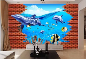 

Custom mural photo 3d wallpaper Red brick wall sea world dolphin and whale painting 3d wall murals wallpaper for walls 3 d