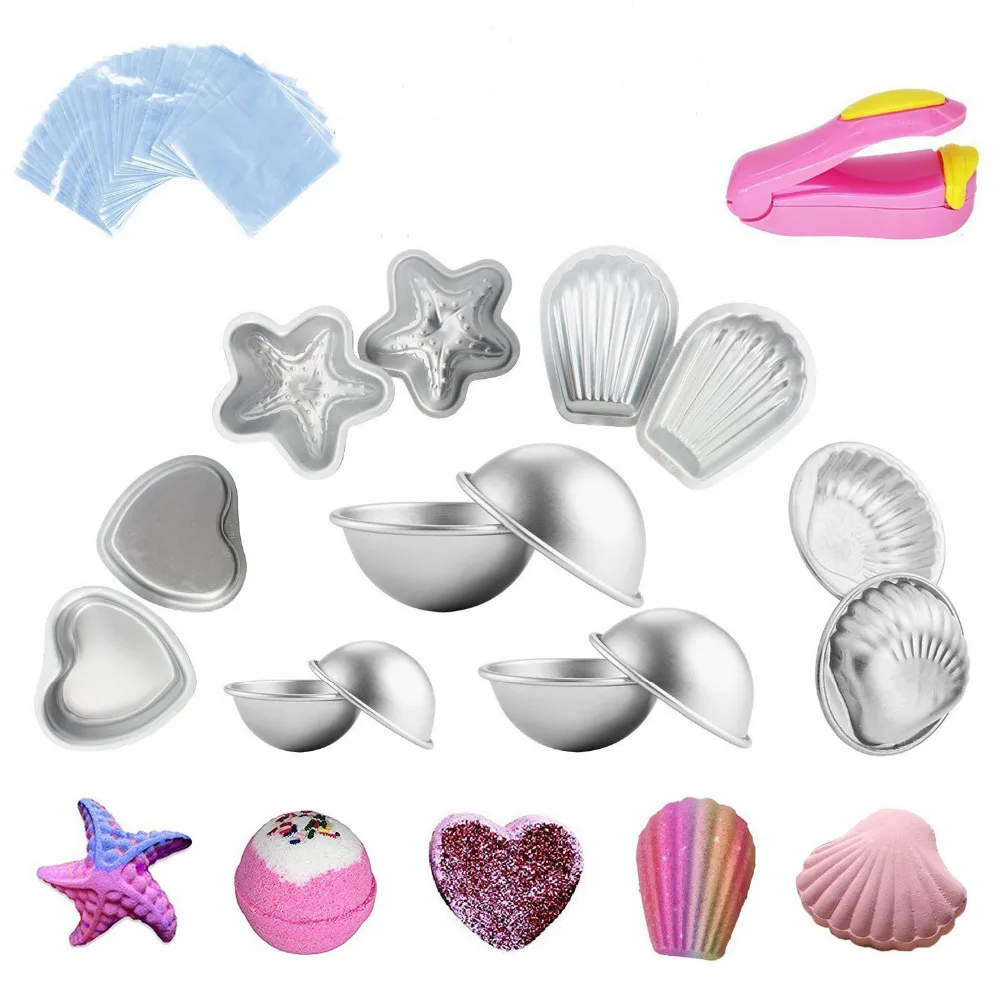

14pcs/Set Metal Bath Bomb Ball DIY Mold With 100 Shrink Wrap Bags Gift Bag and 1 Mini Heat Sealer For Handmade Bath Bombs Gift