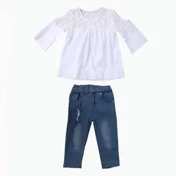 Одежда для малышей Дети Обувь для девочек летние Кружево Топы корректирующие футболка и джинсы Брюки для девочек комплект одежды для