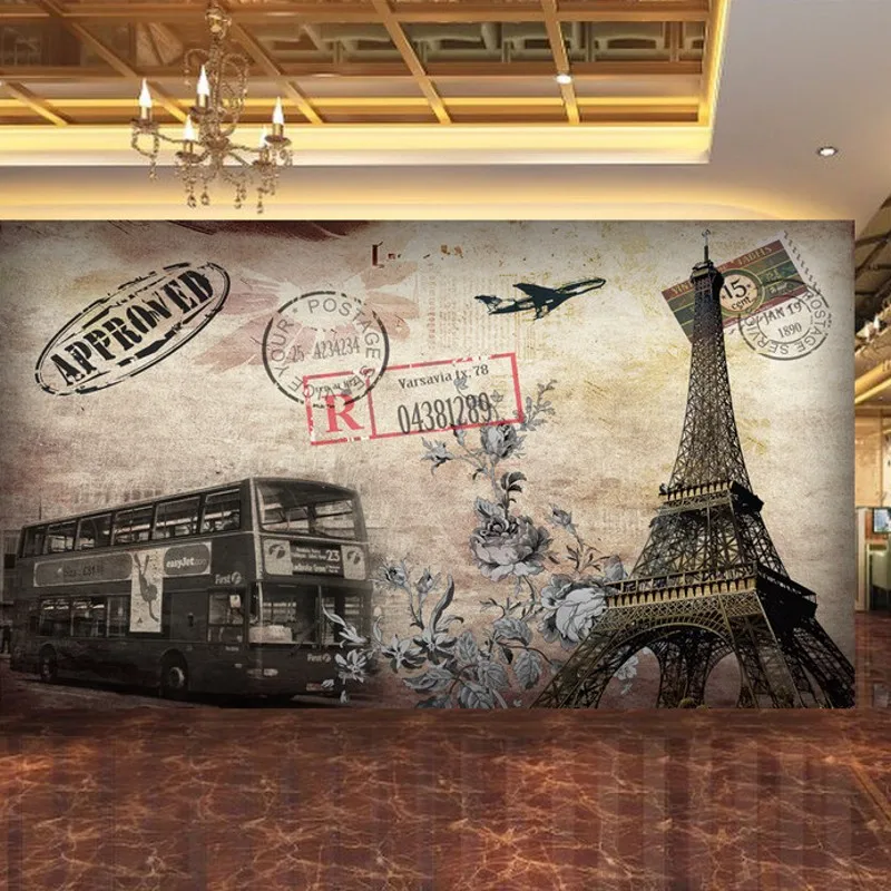

Custom photo wallpaper Retro European style oil painting Paris tower bus entertainment restaurant custom wallpaper mural