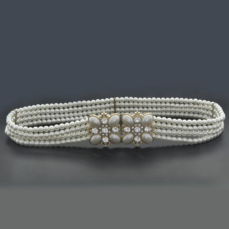 Lady Elegant Rhinestone pearl belts 4 row elastic white pearl belt for
