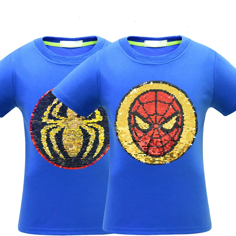 Футболка с короткими рукавами и круглым вырезом для мальчиков и девочек с принтом «Мстители 4», «Железный человек», «Человек-паук», обесцвечивающая блестками