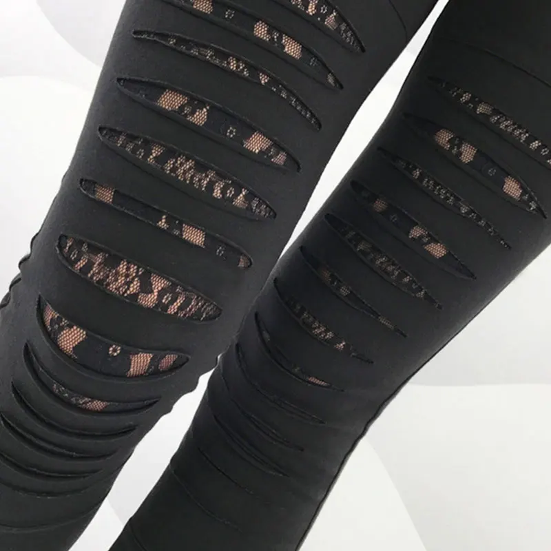 

Plus Size XXL Women Fashion Style Summer Sexy Lace Leggings Torn Ripped Hole Ankle Length Pants Trousers Leggings Black