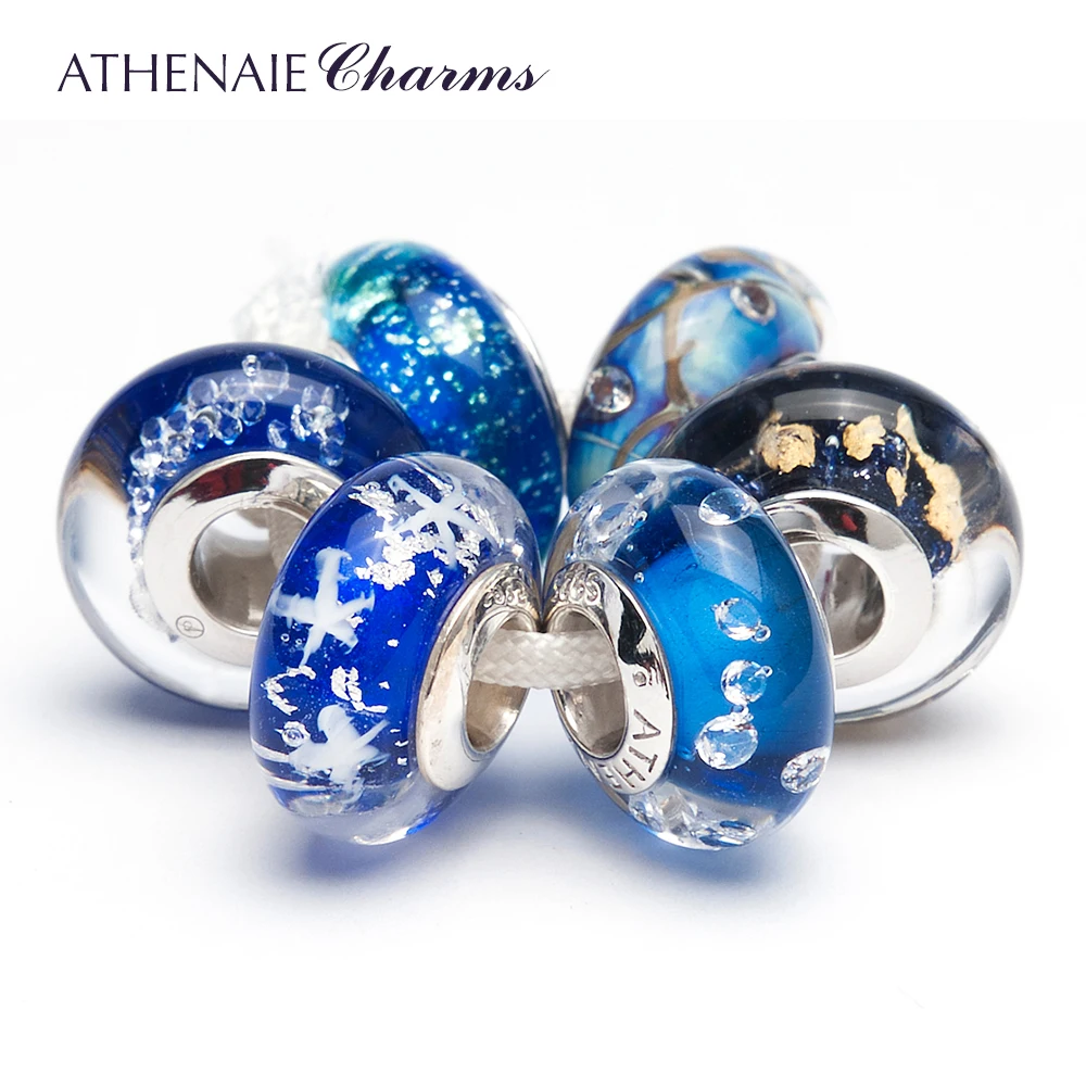 

ATHENAIE 925 Sterling Silver Core Gold Foil and Blue CZs Charm Beads Kits Fit For European Bracelets and Necklaces