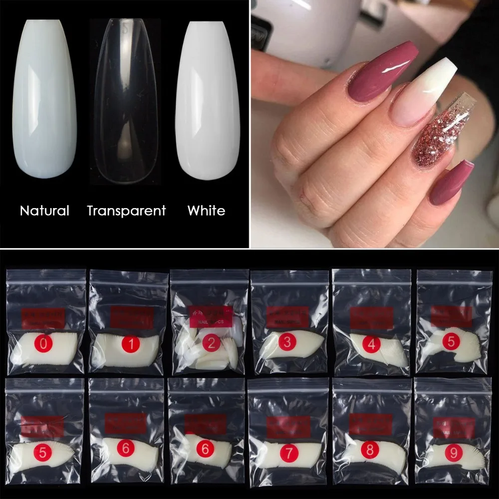 

600pcs/packet Full Cover Ballerina False Nail Art Tips Transparent Natural White Color Fake Coffin Manicure Fake Nail Tips
