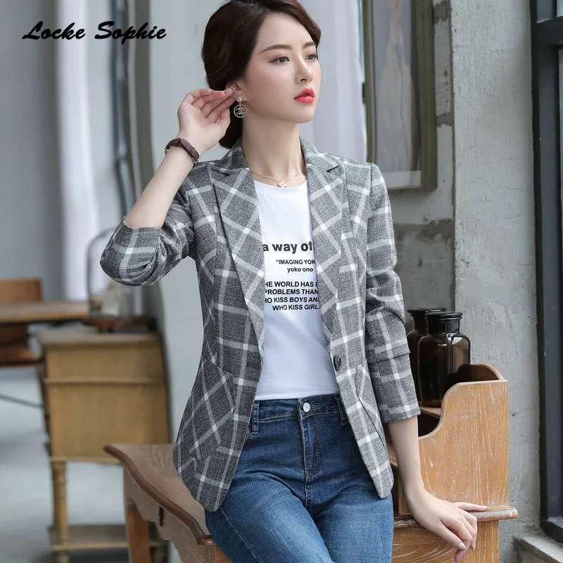 1pcs Women's Plus size Slim fit Blazers coats 2019 Autumn cotton blend plaid Small Suits jackets ladies Skinny Blazers Suits
