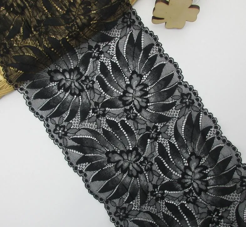 1 ярд 22 см ширина большие листья вышитые черные эластичные кружева Отделка Ткань DIY Швейные аксессуары для одежды кружевная Лента отделка
