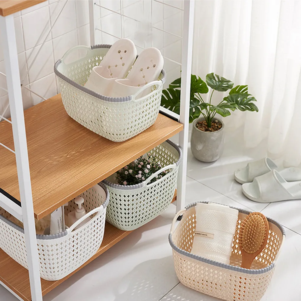 

Kitchen Bathroom Desktop Imitation Rattan Storage Basket Plastic Storage Baskets Bathroom Cosmetic Make ups Storage Basket 1pc