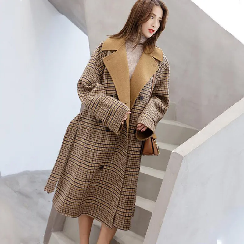 

2019 Autumn Winter New Fashion women's retro plaid long woolen coat Korean version Warm thick woolen coat cc511