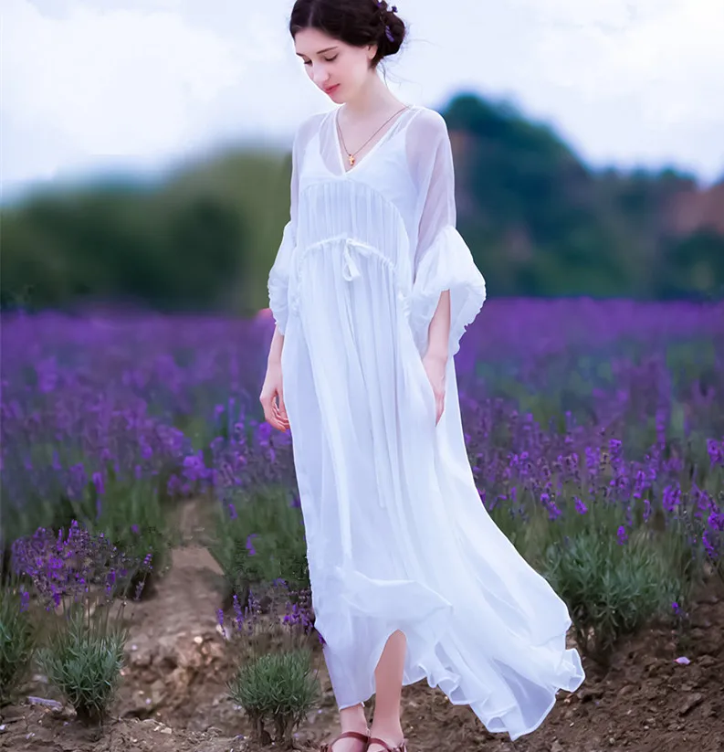 Spring Summer Jianai Women Vintage V Neck Flare Sleeve Draw String Spring Summer Jianai Women Vintage V Neck Flare Sleeve Draw String Lace Up Elegant Ultra Loose Flowing Chiffon White Long Dress In Dresses From S