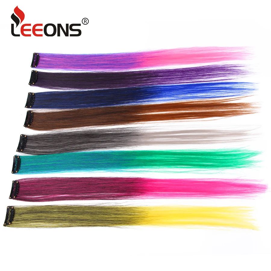 Leeons 50 см радужные цвета один зажим в наращивание волос прямой длинный синтетический для женщин волос кусок Синий Розовый Фиолетовый