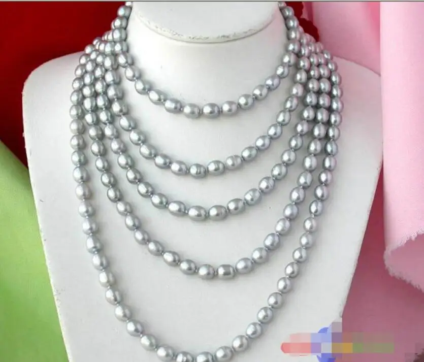 

FREE SHIPPING>@@> p1050 LONG 100" 11MM GRAY RICE FW CULTURED PEARL NECKLACE ^^^@^Noble style Natural Fine jewe &