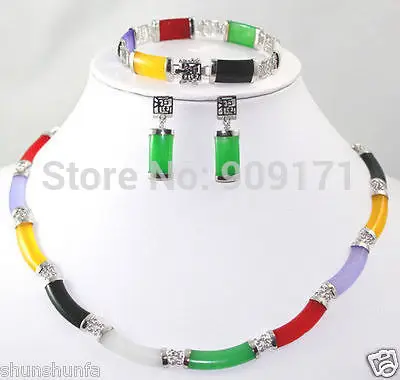 

X2331 UI770 pretty Fine Multi-Coloured Jade bracelet earring Necklace Silvered set