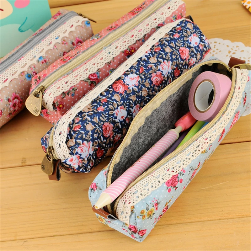 Fashion Mini Retro Flower Floral Lace Pencil Shape Pen Bag Make Up Bag Zipper Pouch Purse 1 Pcs Pencil Cases Pen Storage Bag