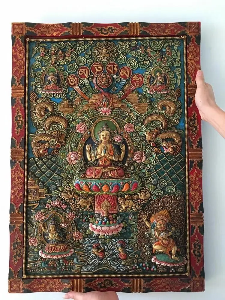 

Nepal Buddhism Wood Carving Painting Four Arms Kwan-Yin Buddha TangKa Tang-ka