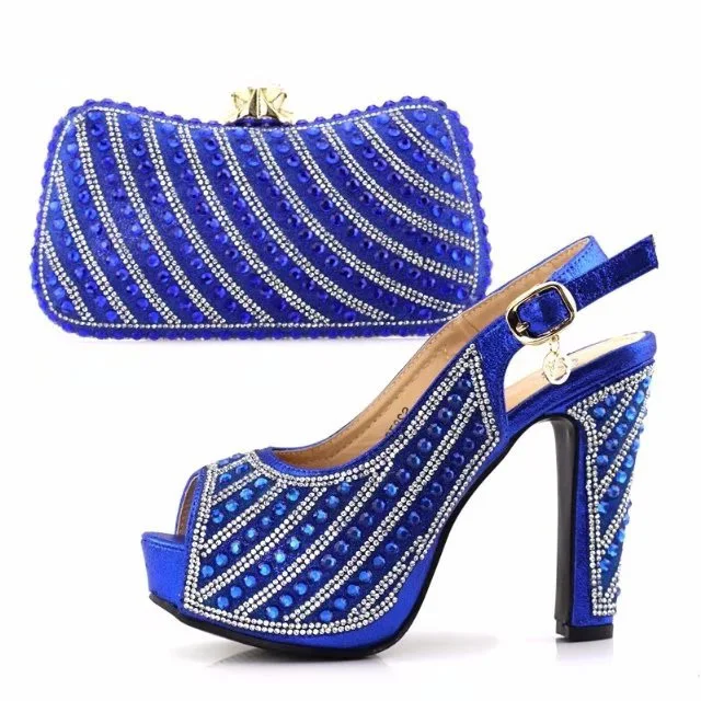 SB8111 2 High heel 5 inches sandal shoes women with matching clutches bag royal blue color in
