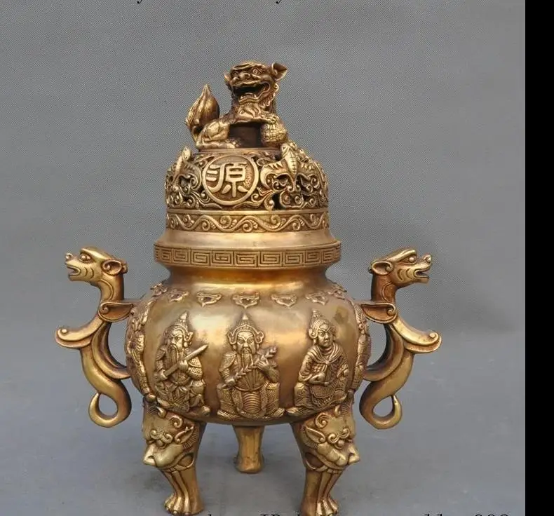 

671115990++Marked China brass foo dog lion beast 5 Mammon god statue incense burner Censer