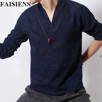 

FAISIENS Men Summer Casual Linen Shirt Long Sleeve Blue Plus Size Big 5XL Loose Shirt Slim V-Neck Vintage Japanese Style Shirt