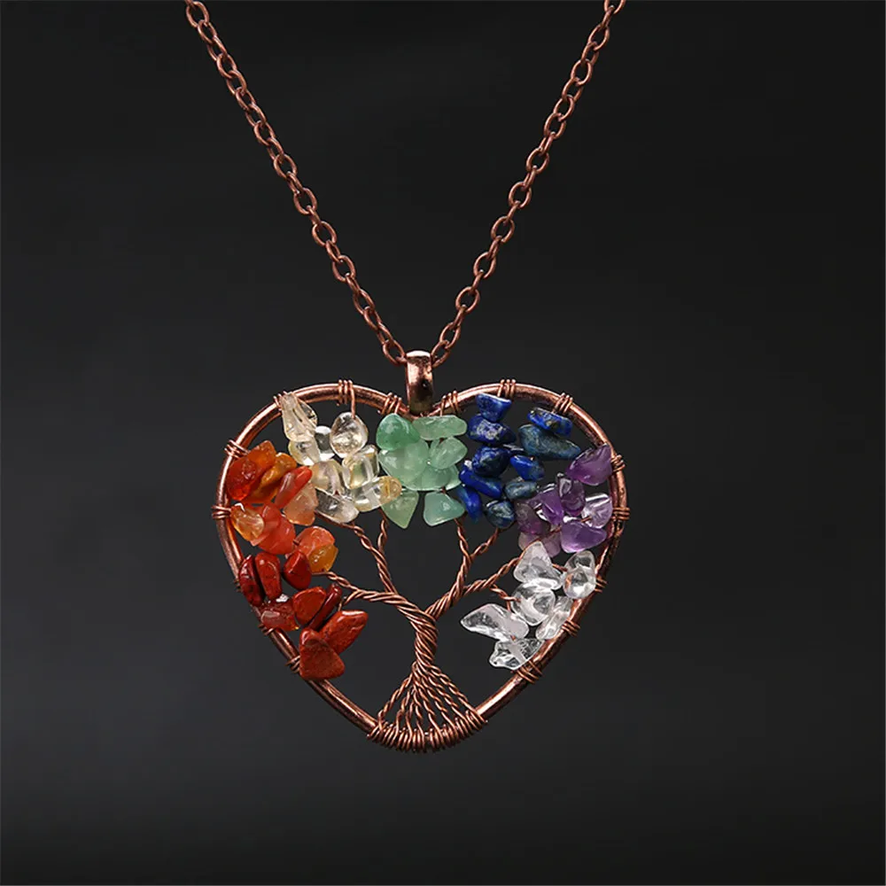 

Wholesale Hand-wound 7 Charkra Tree of Life Heart Pendant Necklace Natural Multi Color Crystal Aventurine Link Chain Necklace
