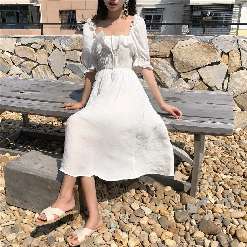 

Retro Square Neck Ruffled Midi Dress Women Vintage Puff Sleeve Backless Party Dress White Holiday A Line Dresses