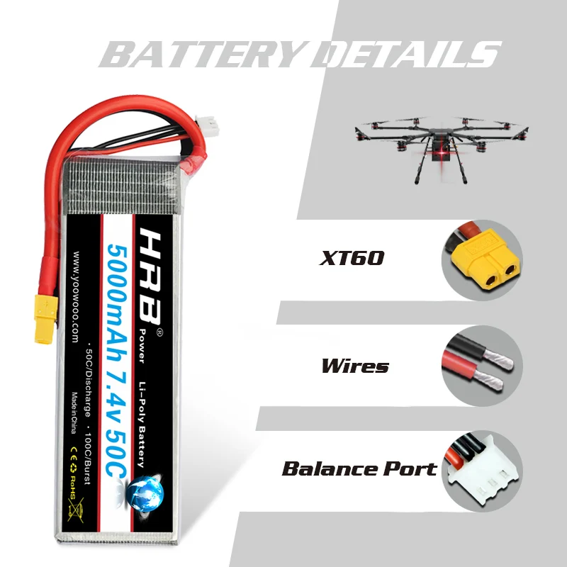 HRB RC Lipo 2S батарея XT60 T-DEAN TRX 7,4 V 5000mAh 50C 100C для автомобиля AKKU лодки самолета квадрокоптера Slash 4x4 Remo хобби реактивный часть