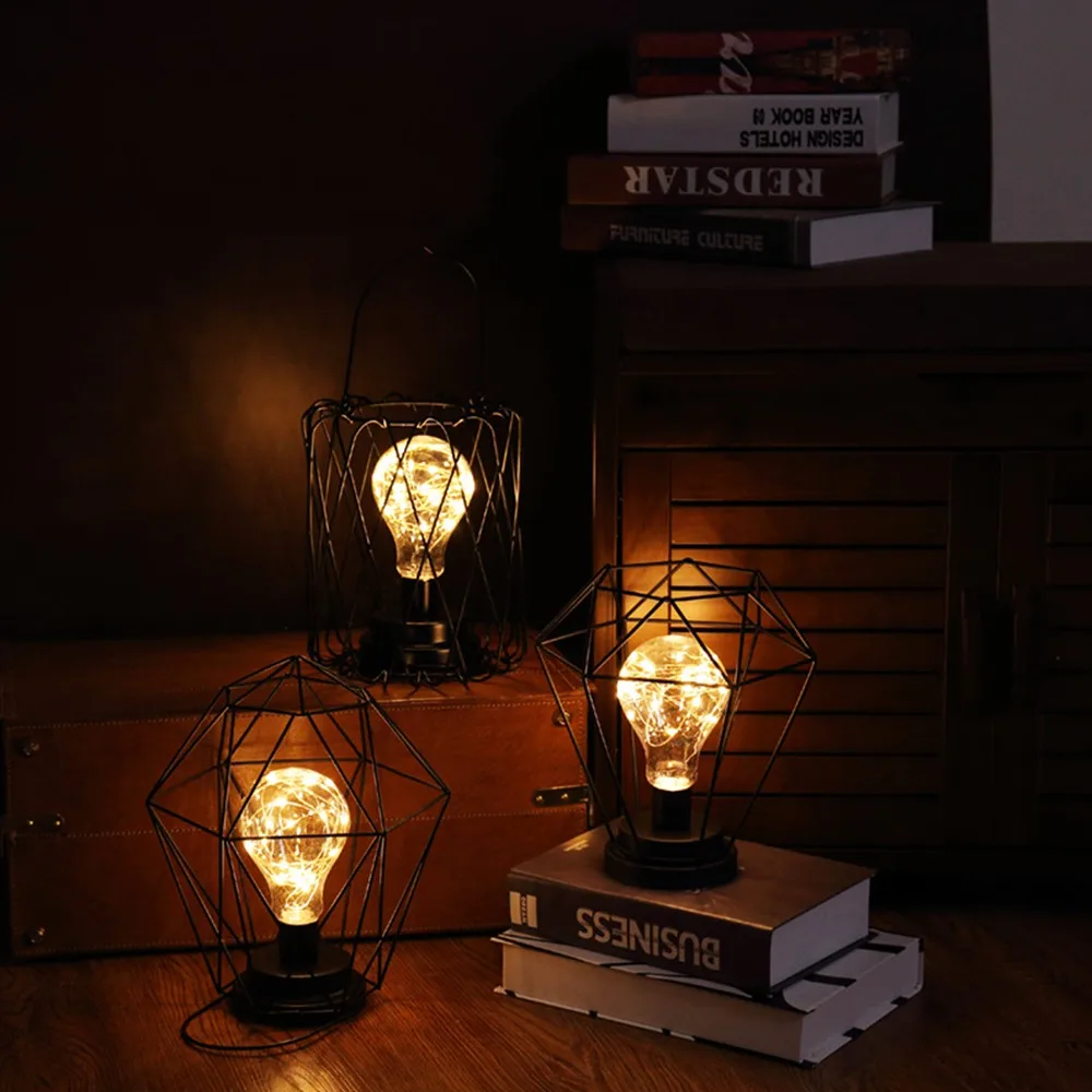 Настольная лампа из черного железа, минималистичный ночник из медной проволоки, креативный 3D винтажный светильник из кованого железа, декоративная лампа на батарейках