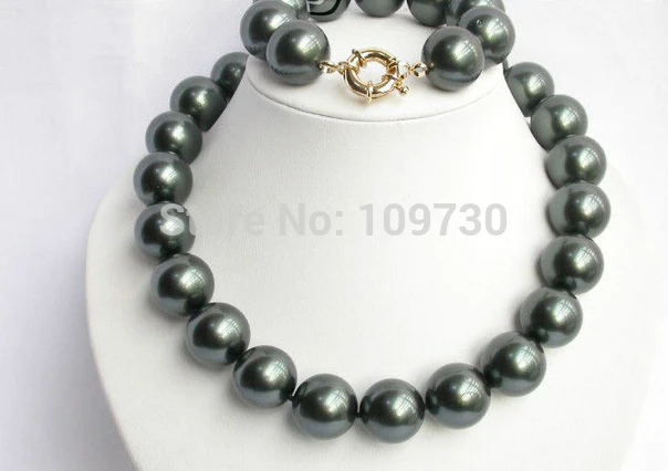 

Jewelry 00740 20mm black south sea shell pearls necklace bracelet set