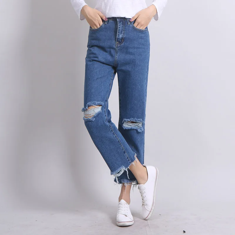 Wide Leg Women Ripped Jeans Ankle Length Autumn Summer