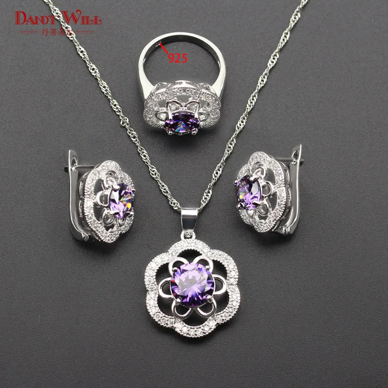 

Splendid Purple Rhinestone 925 Stamp Silver Color White Zircon Jewelry Sets For Women Necklace/Earrings/Ring/Pendant