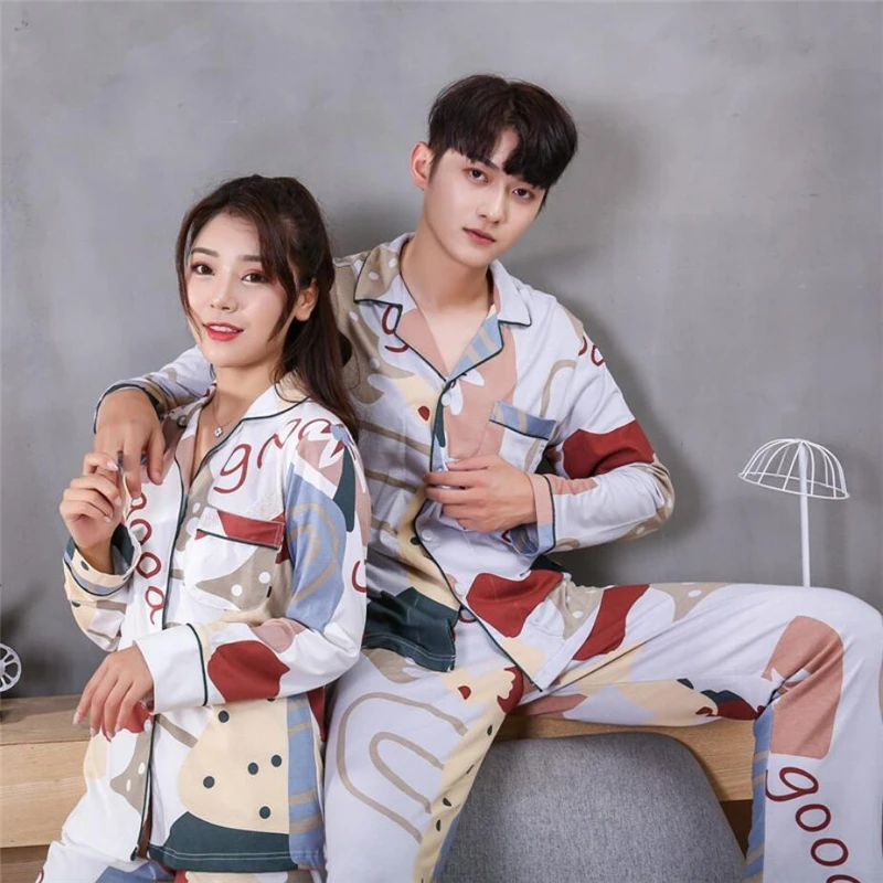 

2019 Korean Style pajama sets for couples cotton sleepwear men and women night suit printed sleep clothing for antumn winter