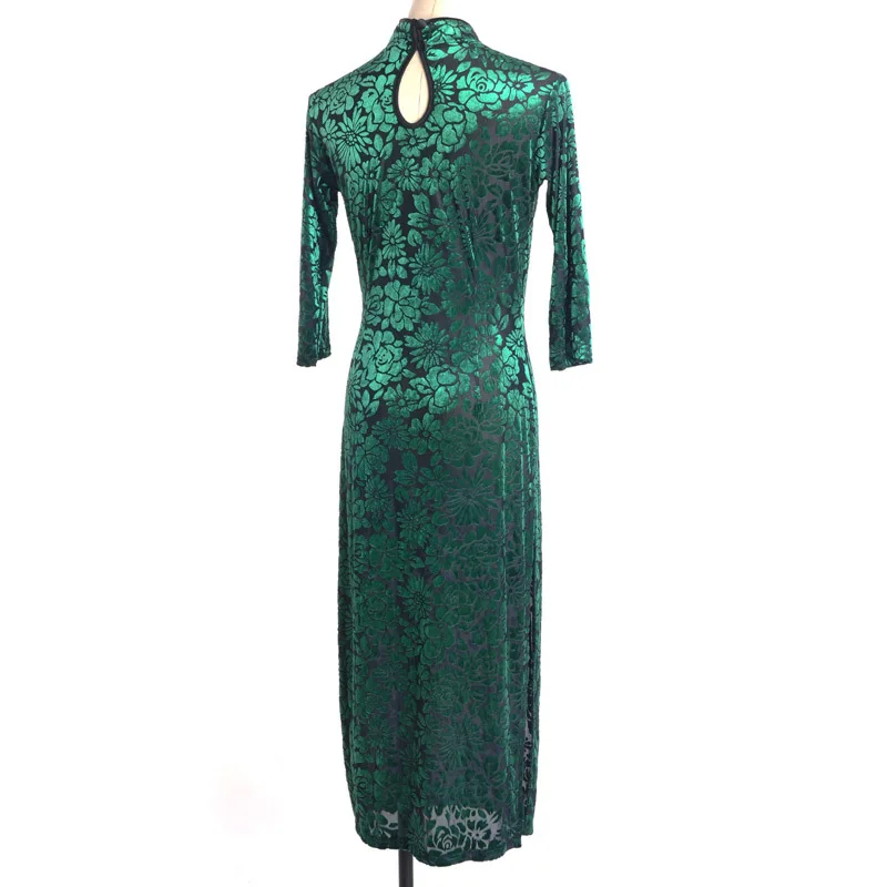 Костюм для взрослых с трусиками Cheongsam с двойным Разрезом Длинное латинское танцевальное платье vestido de festa - Цвет: Зеленый