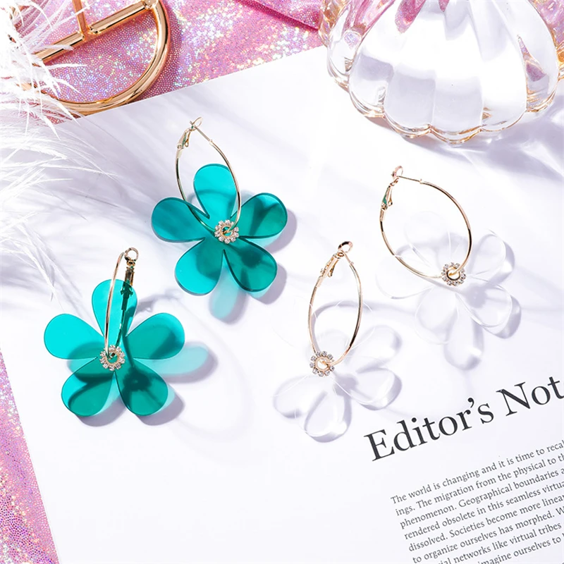 

VIVILADY Cute Candy Colorful Acrylic Flower Pendant Women Hoop Earrings Clear Acetic Acid European Brand Popular Jewelry Bijoux