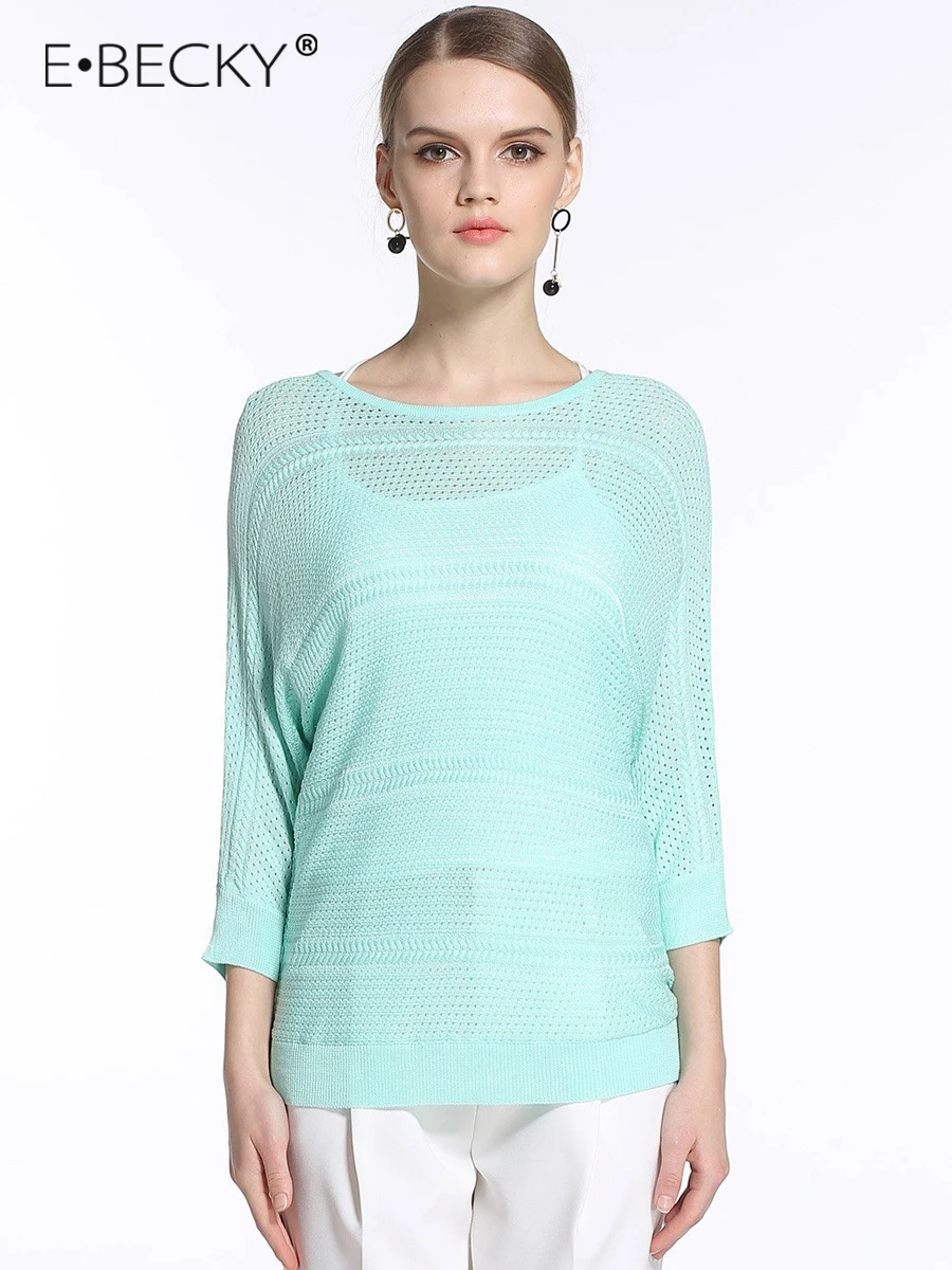 E.BECKY Pink Three Quarter Sleeve Shirt Women Solid Hollow Pullover Summer Spring Mint Color Mesh Top Long Sleeve Women Clothes