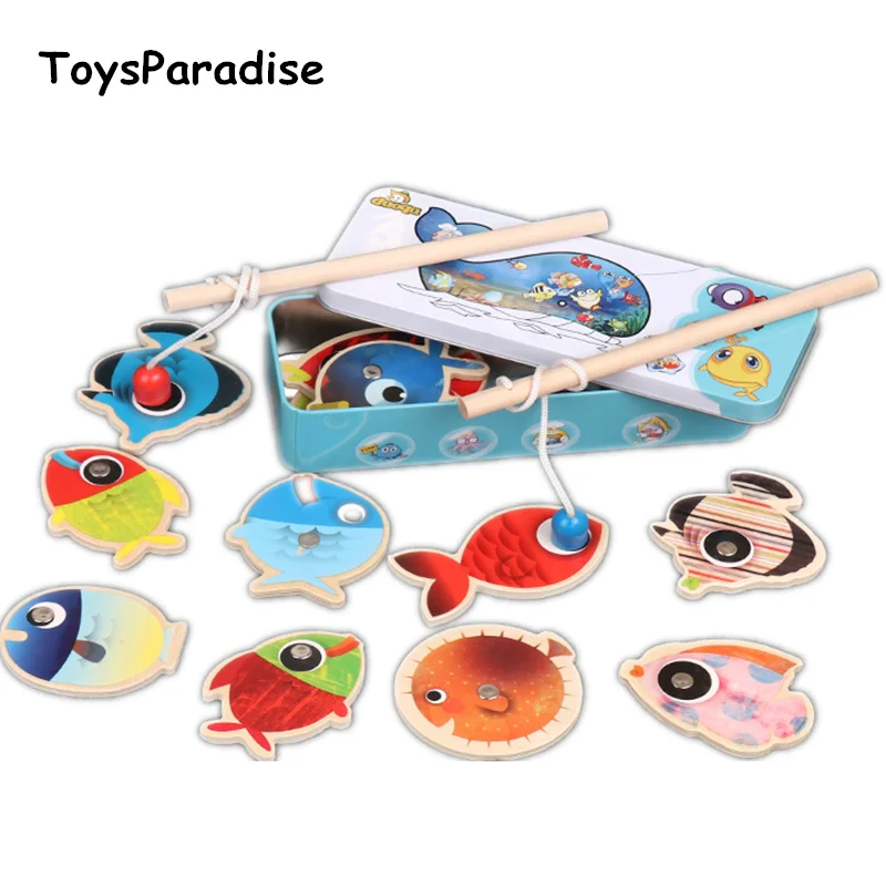 

Baby Toys 15Pcs Fish Large Size Wooden Toys For Kids Magnetic Fishing Toys Iron Box Set Double Fishing Rods Child Educational