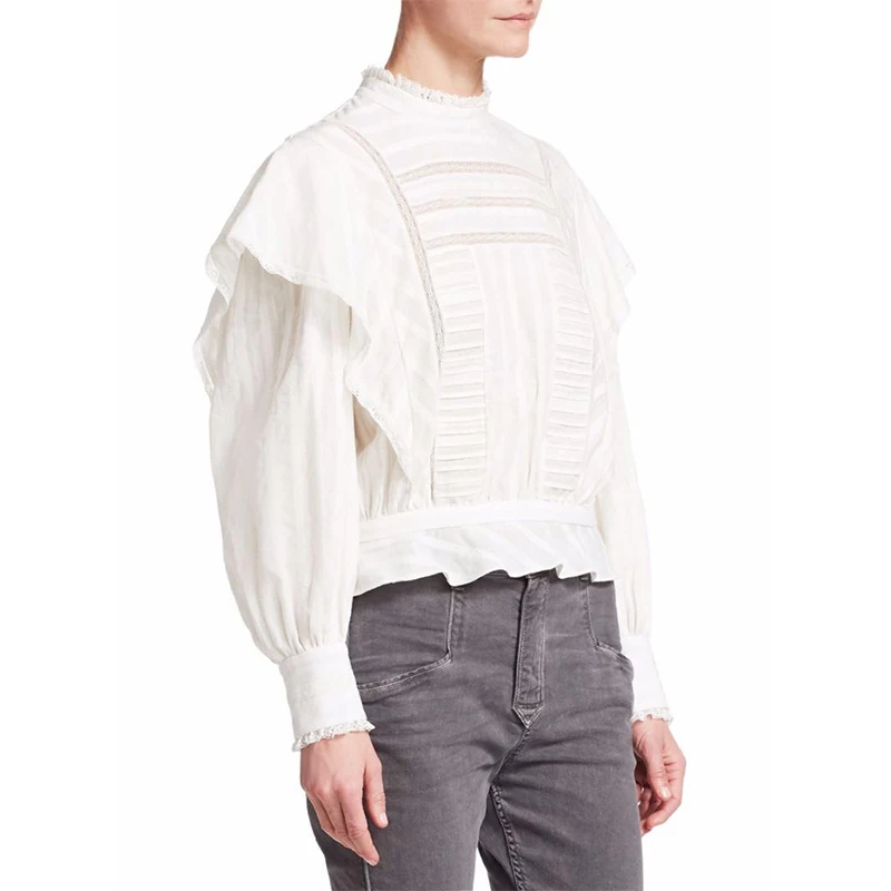 

Cotton Embroidered blouse Stand Collar with Lace Ruffled shoulders Buttoned back frills hem Long sleeves fashion top