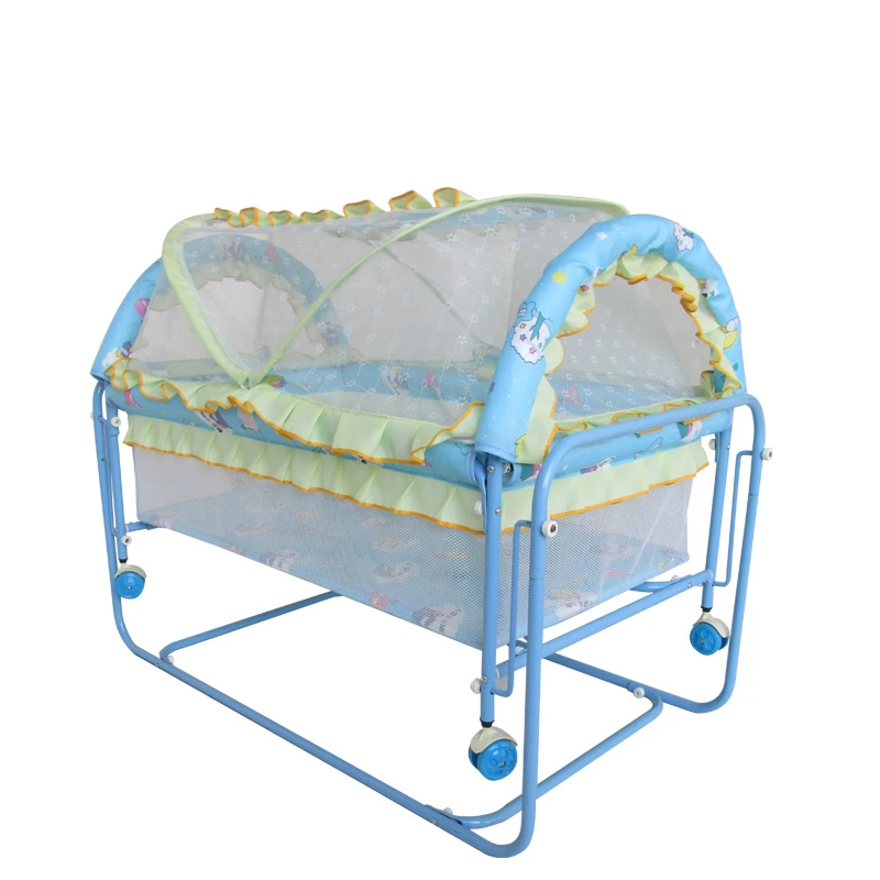 spesifikasi Logam Besi Bed Portable Bayi Tempat Tidur Bayi Baru Lahir Goyang Biaya Tempat Trolley dengan Jaring Dilepas Anti Tabrakan Roller Rocker Permainan Tempat Tidur