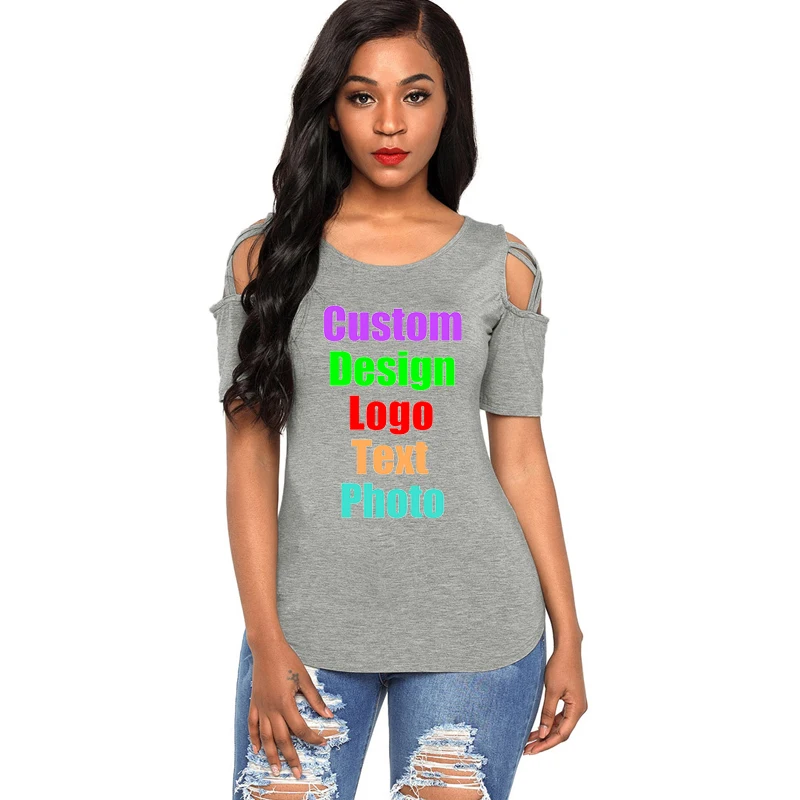 

Plus Size Female Women Summer T-shirt Off Shoulder Short Sleeve Cross Bandage Custom DIY Logo Text Printed Photo Tee T shirt Top