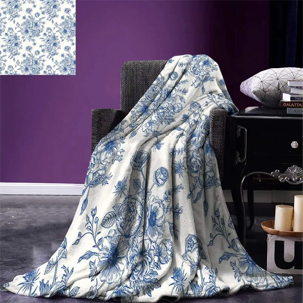 Anemone Flower Throw Blanket Floral Pattern with Bouquet of Blue